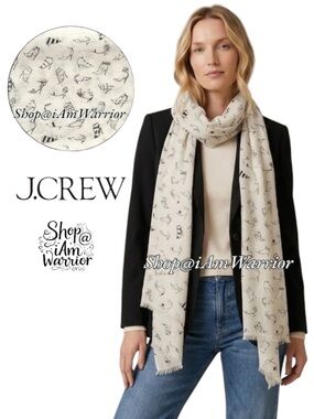 J.Crew Wool Silk Blend Scarf Ivory Whimsical Shoe Print Lightweight Wrap Scarf
